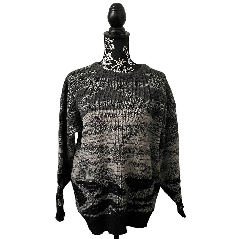 Vintage Van Cort Crewneck Sweater Gray Knit Geometric Retro Funky USA Large